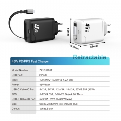 45W GaN Charger with Retractable Cable for iPhone 17 18 pro max, Samsung Series Fast Charging | ZX-2U128T