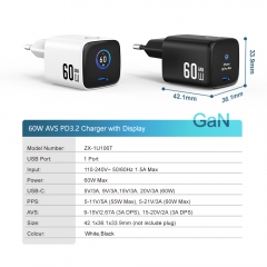TFT Display 60W SPR AVS/DPS PD3.2 Wall GaN Charger Type c | ZX-1U106T