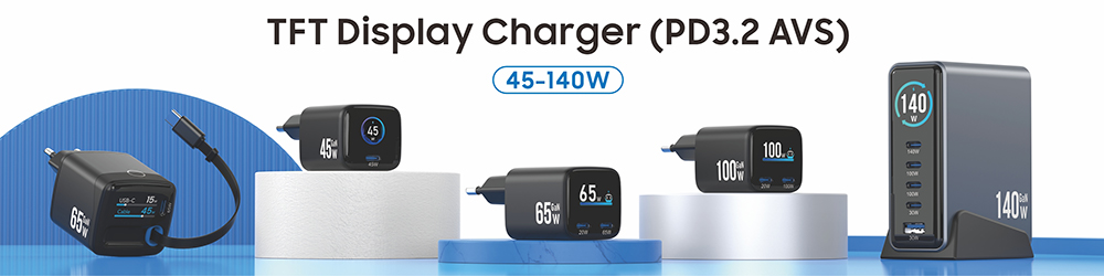 TFT Display Gan Charger 45W 65W 100W 140W with AVS PD PPS Charging