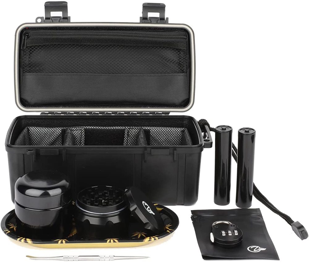 OZCHIN Stash Box with Lock, Grinder, UV Stash Jar, Storage Tube, Tray and 5 Odorless Resealable Bags