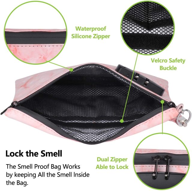OZCHIN Smell Proof Bag with Combination Lock PU Leather Smell Proof Stash Container 10 x 7 inches (Pink)