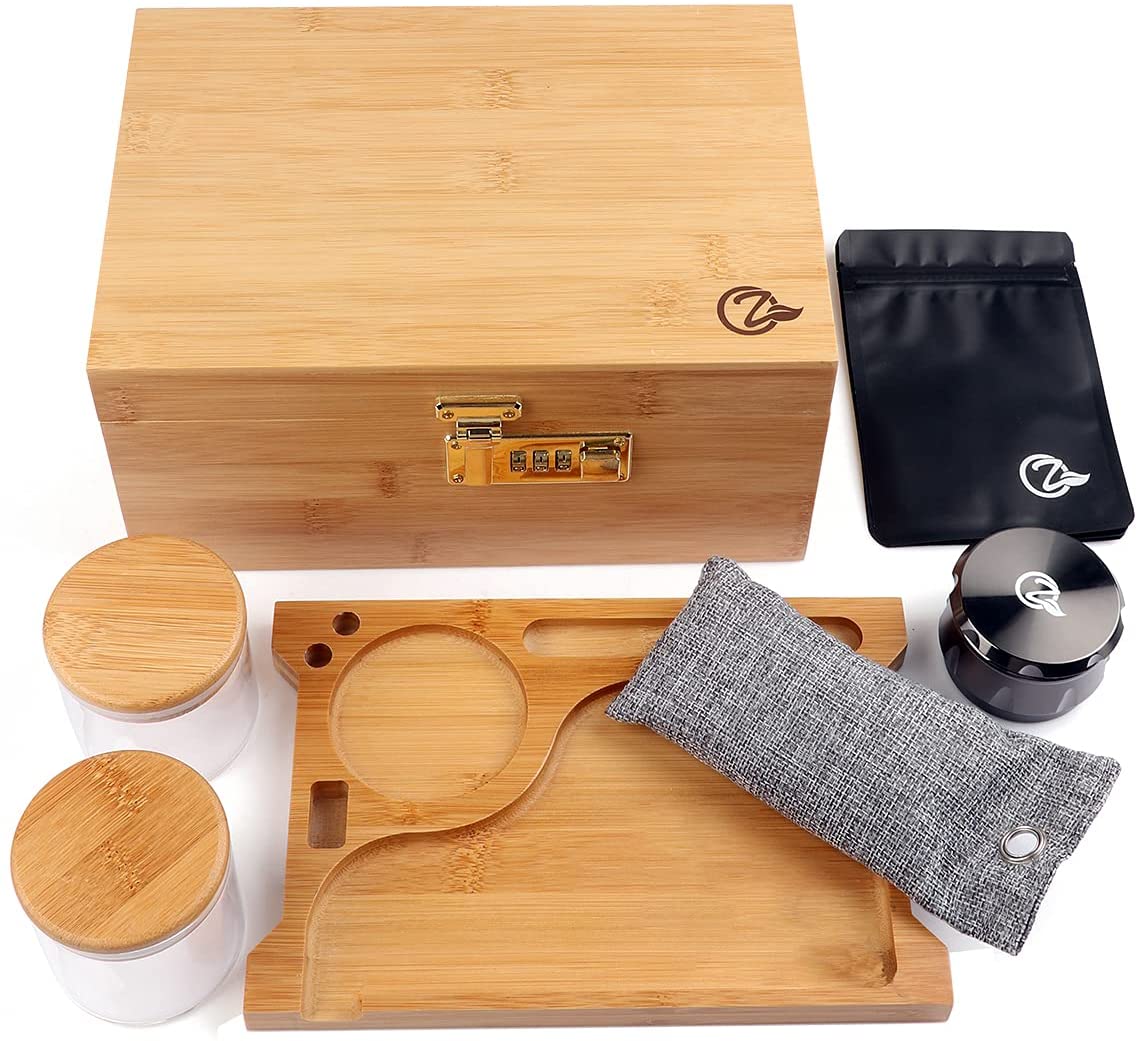 and Removable Dividers Lockable 100% Bamboo w/ Natural Finish Storage For Herbs and Accessories Includes Grinder Discreet Design 2 Stash Jars Pike & Pine Handmade Large Stash Box Combo 