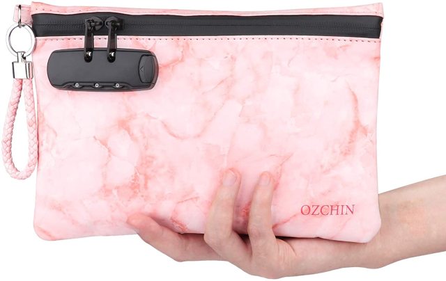 OZCHIN Smell Proof Bag with Combination Lock PU Leather Smell Proof Stash Container 10 x 7 inches (Pink)