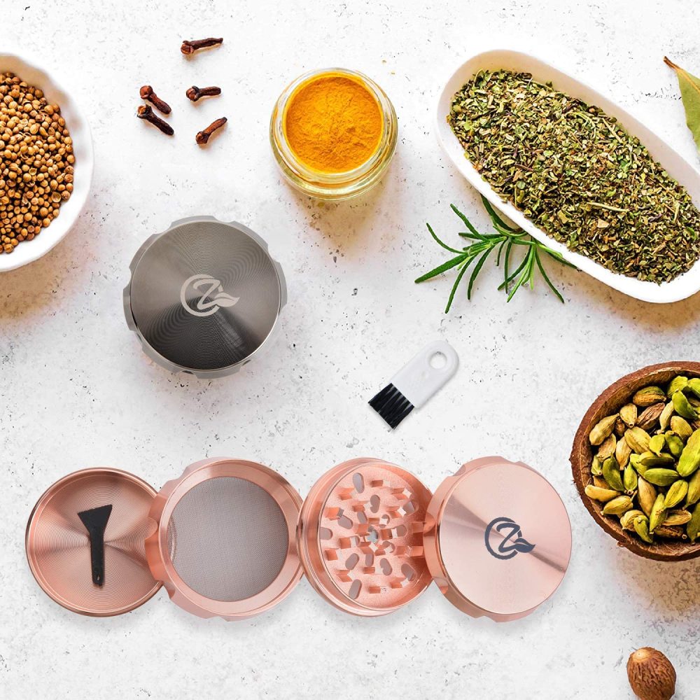 OZCHIN 4 Pieces Spice Herb Grinder 2.4" Zinc Alloy with Pollen Scraper and Mini Cleaning Brush