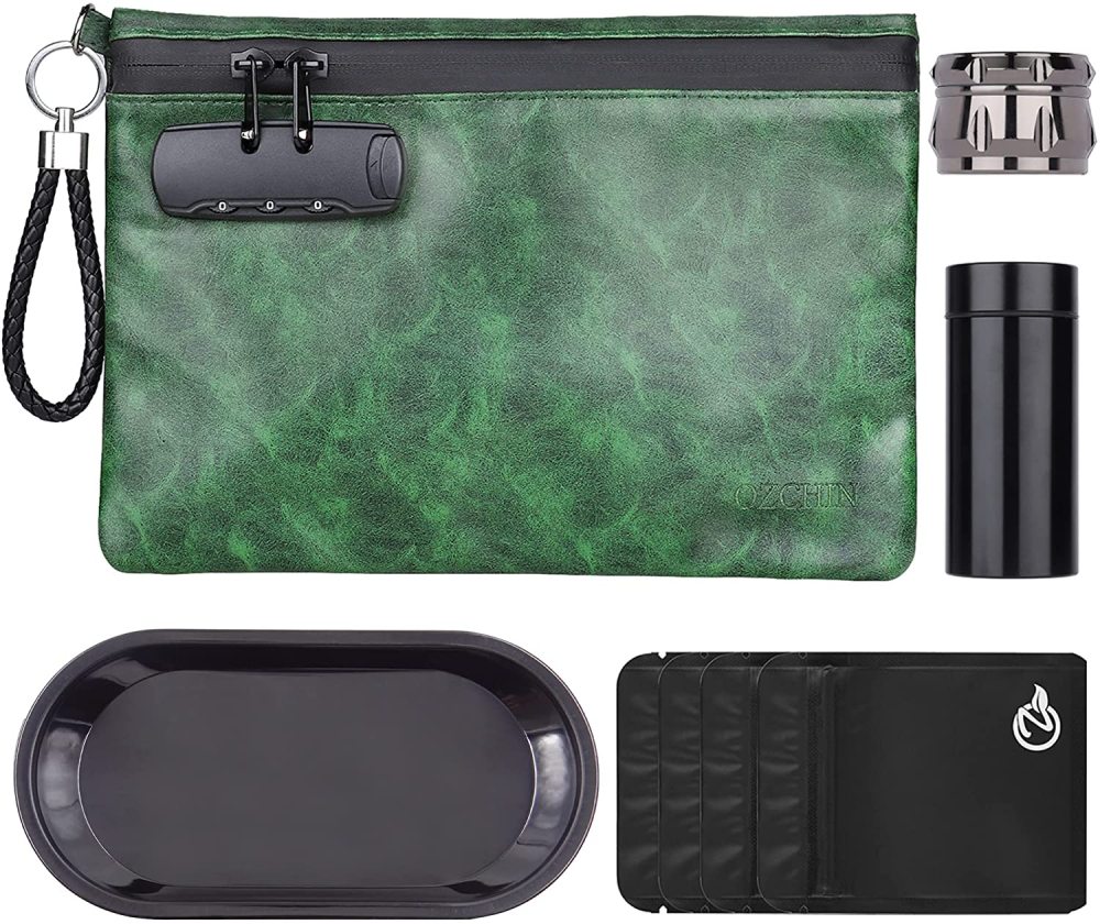 OZCHIN Smell Proof Bag Combo PU Leather Smell Proof Stash Container with Combination Lock 10 x 7 inches (Green)