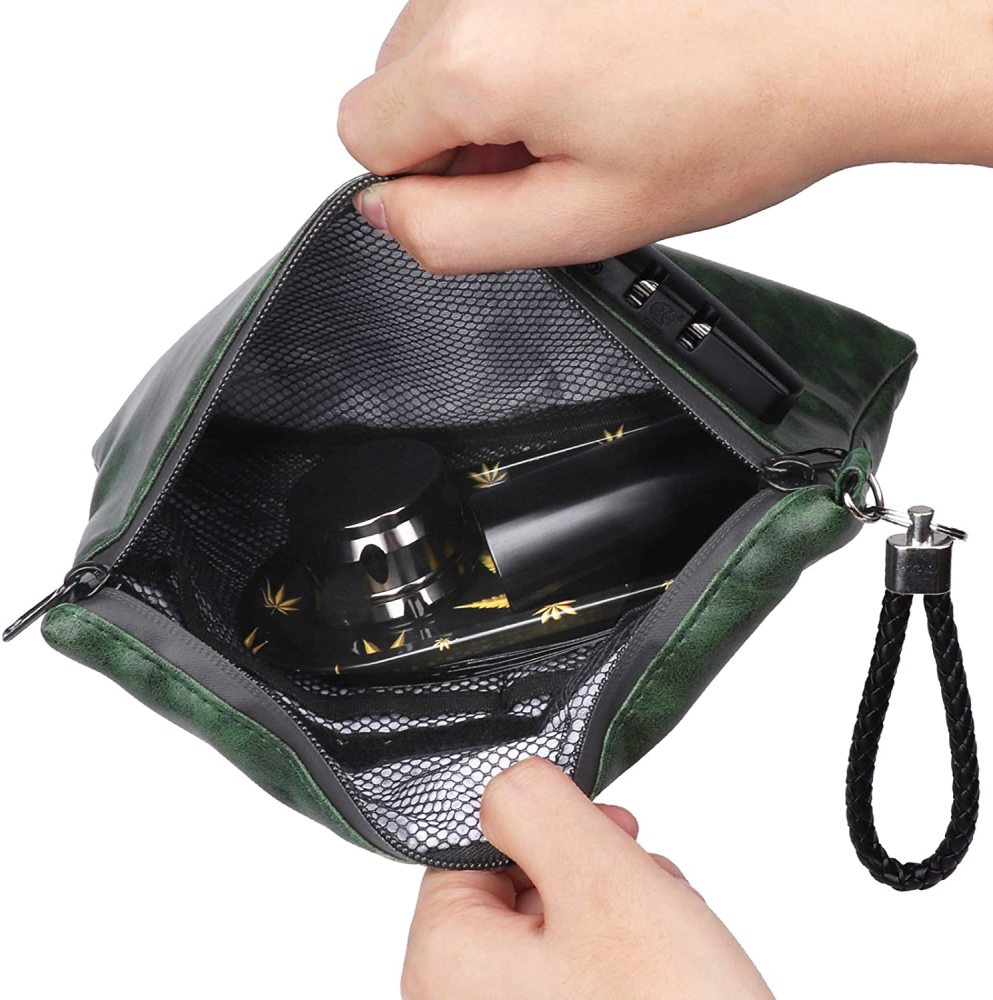 OZCHIN Smell Proof Bag with Combination Lock PU Leather Smell Proof Stash Container 10 x 7 inches (Green)
