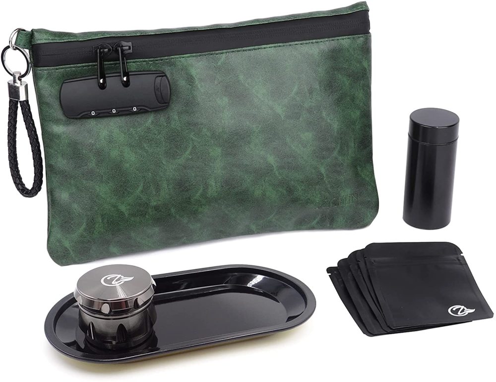 OZCHIN Smell Proof Bag Combo PU Leather Smell Proof Stash Container with Combination Lock 10 x 7 inches (Green)