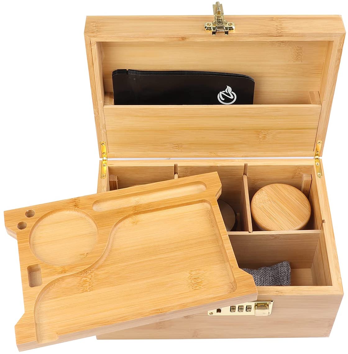 Bamboo Stash Herbal Rolling Box With Glass Jar And Grinder 