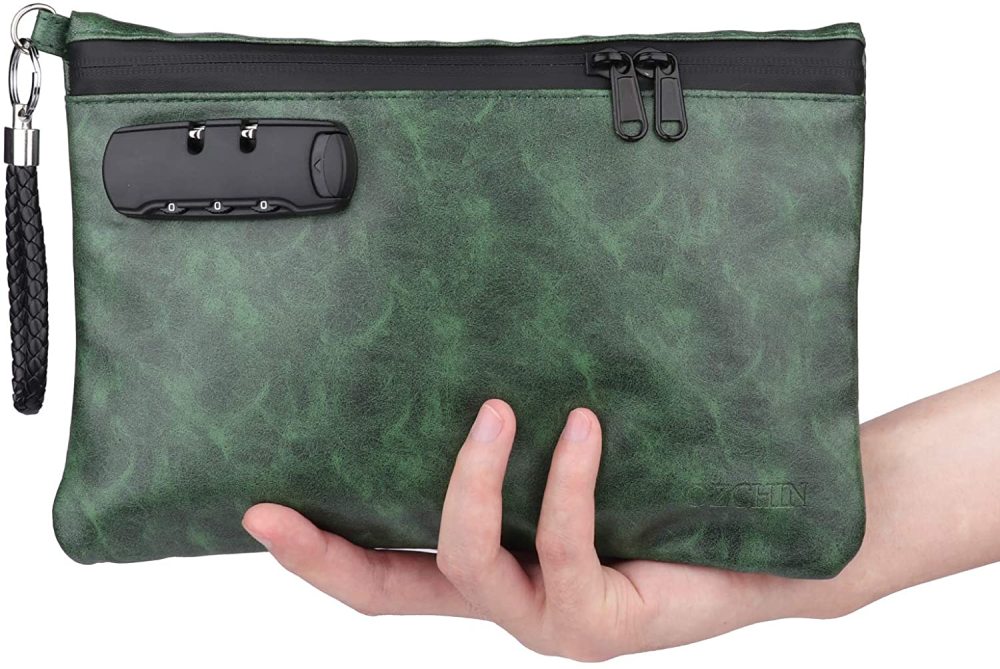OZCHIN Smell Proof Bag with Combination Lock PU Leather Smell Proof Stash Container 10 x 7 inches (Green)