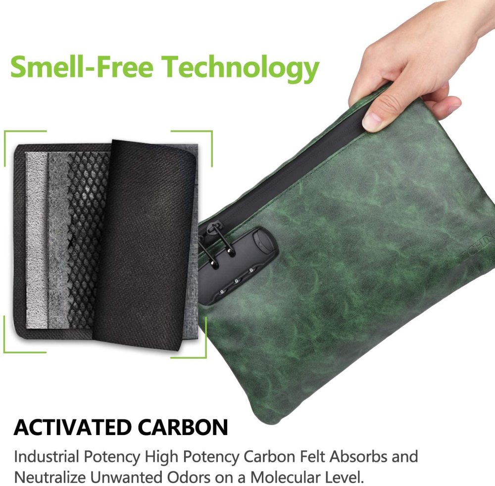 OZCHIN Smell Proof Bag with Combination Lock PU Leather Smell Proof Stash Container 10 x 7 inches (Green)