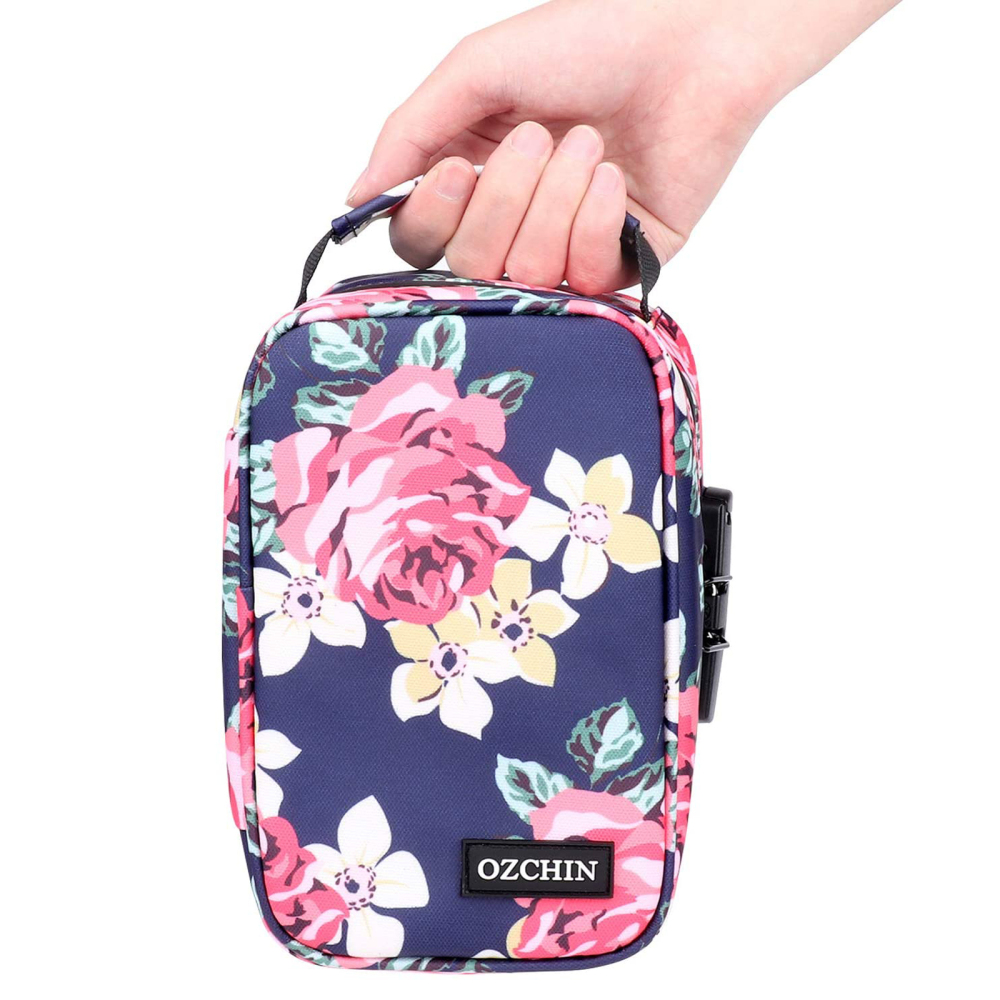 OZCHIN Smell Proof Bag with Combination Lock Odor Proof Stash Case Container Medicine Lock Box Bag Travel Storage Case (Flower)