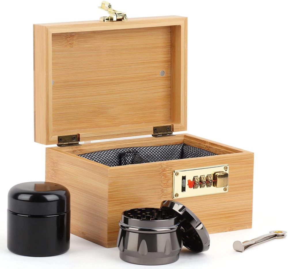 Stash Box Combo - Accessories Kit, Locking Bamboo Box with Grinder, UV Glass Stash Jar, Bamboo Box with Lock