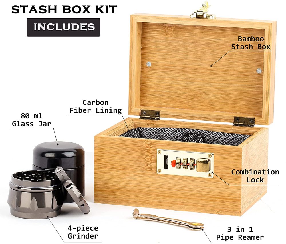 Stash Box Combo - Accessories Kit, Locking Bamboo Box with Grinder, UV Glass Stash Jar, Bamboo Box with Lock