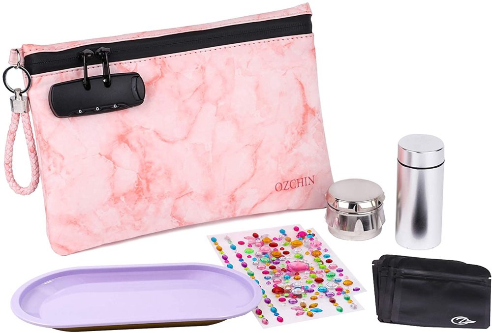 OZCHIN Smell Proof Bag Combo PU Leather Smell Proof Stash Container with Combination Lock 10 x 7 inches (Green)