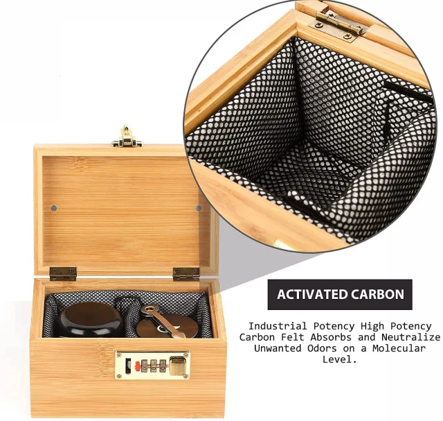 Bamboo Storage Box with Lock - Decorative box for Home Locking Bamboo Box  with Grinder, Glass Jar