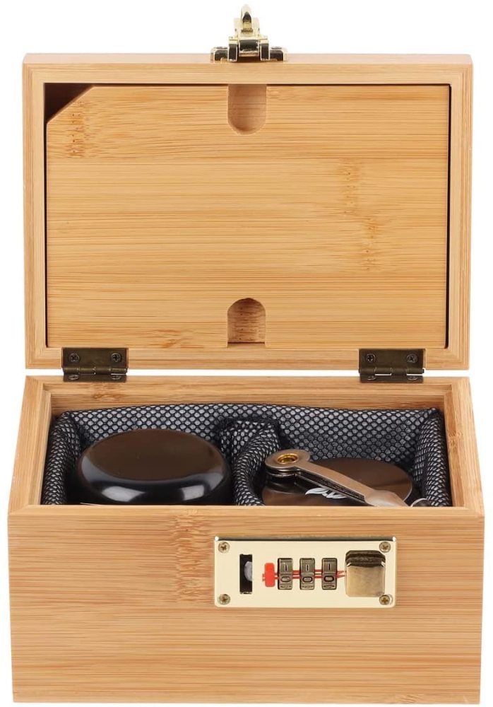 Bamboo Storage Box with Lock - Decorative box for Home Locking Bamboo Box with Grinder, Glass Jar, Tray