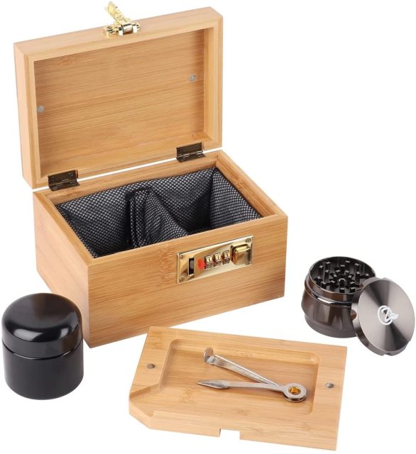 Bamboo Storage Box with Lock - Decorative box for Home Locking Bamboo Box with Grinder, Glass Jar, Tray