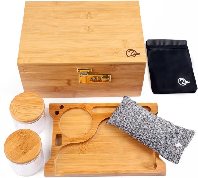 OZCHIN Large Bamboo Box with Combination Lock Decorative box for Home Locking Storage Bamboo Box with Glass Jar (L)