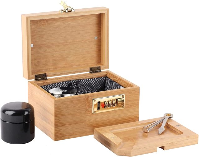 Bamboo Box with Combination Lock Decorative box for Home Locking Storage Bamboo Box Set with Glass Jar Tray Great Gift (M)