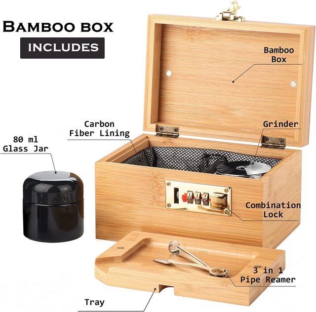 Bamboo Box with Combination Lock Decorative box for Home Locking Storage Bamboo Box Set with Glass Jar Tray Great Gift (M)