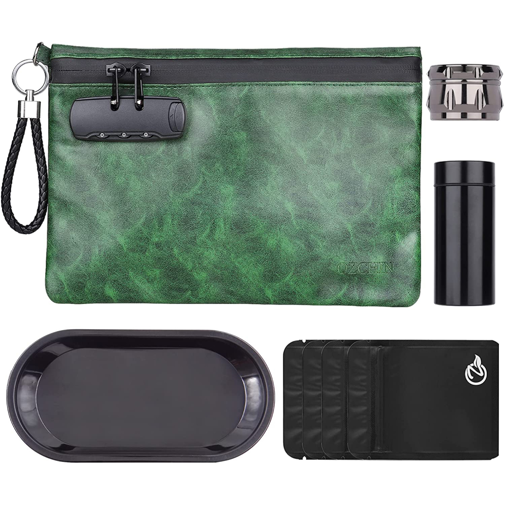 OZCHIN Smell Proof Bag with Combination Lock Certificates Organizer PU Leather Lock Bag Travel Storage Case 10 x 7 inches (Green)