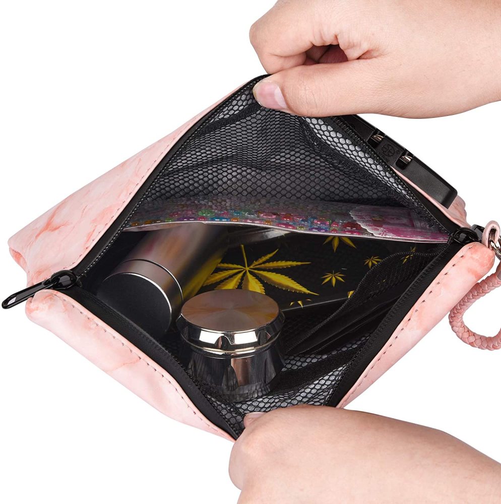 Smell Proof Bag Combo PU Leather Smell Proof Container with Combination Lock 10 x 7 inches (Pink)