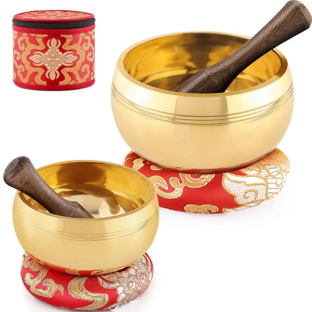 2-Pack Tibetan Singing Bowls Set (Red) - 100% Handmade in Nepal, Sound Bowl Meditation Set for Yoga, Chakra Healing, Meditation Gifts, Unique Gifts for Women