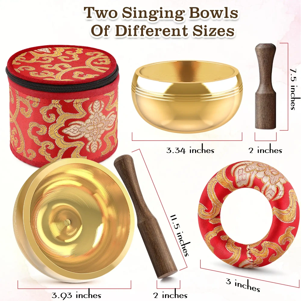 2-Pack Tibetan Singing Bowls Set (Red) - 100% Handmade in Nepal, Sound Bowl Meditation Set for Yoga, Chakra Healing, Meditation Gifts, Unique Gifts for Women