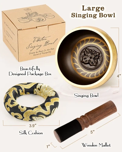 Tibetan Singing Bowl Set (Buddha-Black)— Meditation Sound Bowl Handcrafted in Nepal for Yoga, Chakra Healing, Mindfulness, and Stress Relief — Self-Care Spiritual Gifts for Women and Men