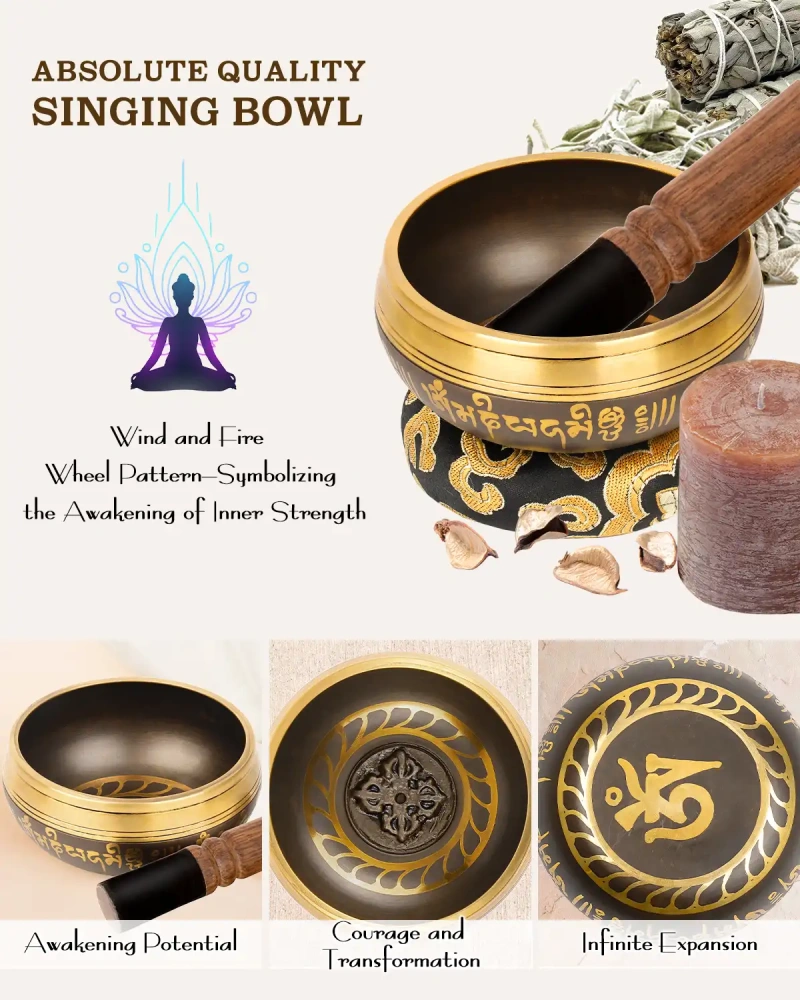 Tibetan Singing Bowl Set (Buddha-Black)— Meditation Sound Bowl Handcrafted in Nepal for Yoga, Chakra Healing, Mindfulness, and Stress Relief — Self-Care Spiritual Gifts for Women and Men