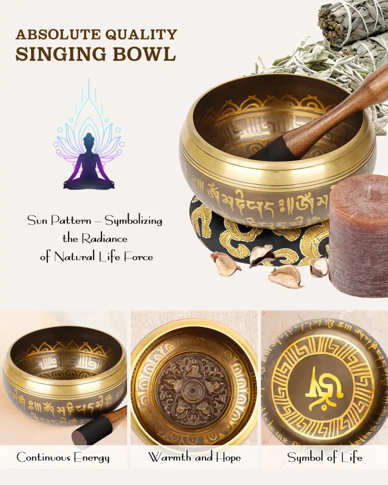 Tibetan Singing Bowl Set (Buddha-Wave)— Meditation Sound Bowl Handcrafted in Nepal for Yoga, Chakra Healing, Mindfulness, and Stress Relief — Self-Care Spiritual Gifts for Women and Men