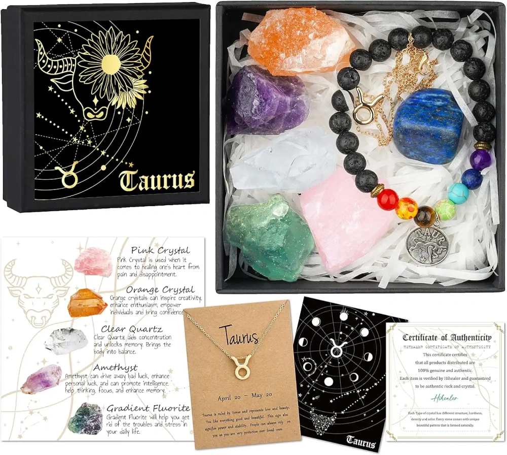 Zodiac Sign Gifts Spiritual Gifts Horoscope Gifts with Zodiac Stone Necklace and Chakra Bracelet  Astrology Crystal Set and Healing Stone Gifts