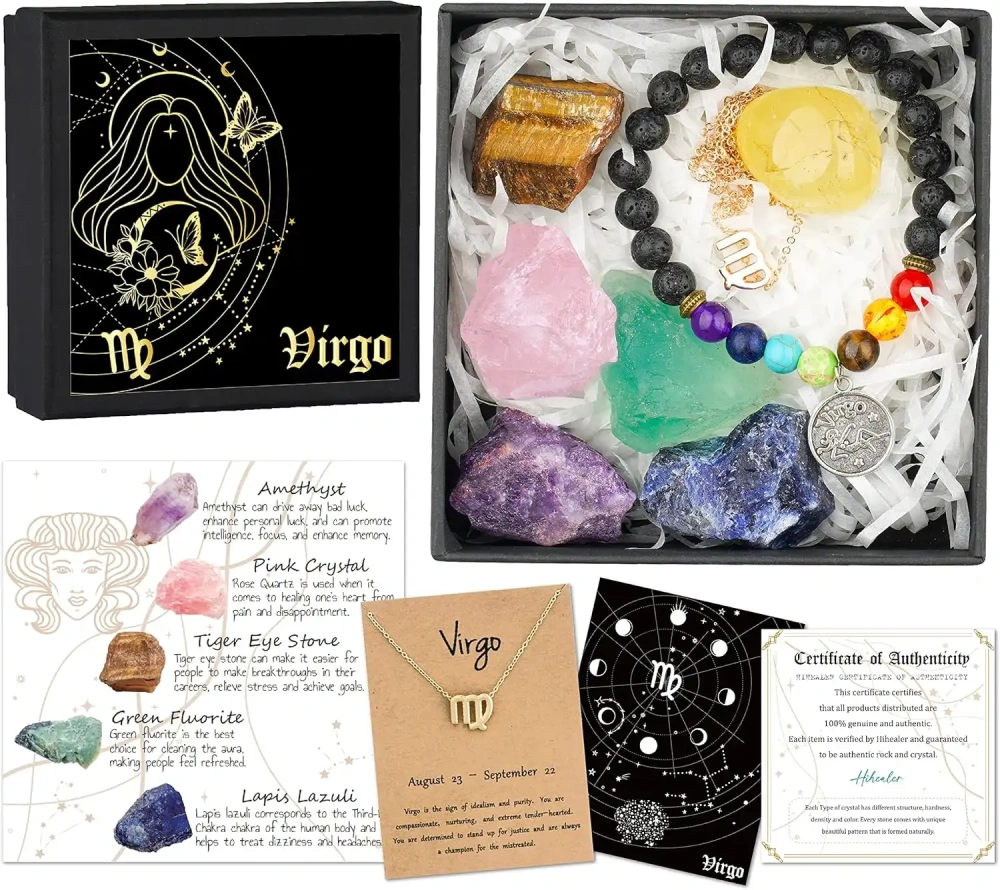 Zodiac Sign Gifts Spiritual Gifts Horoscope Gifts with Zodiac Stone Necklace and Chakra Bracelet  Astrology Crystal Set and Healing Stone Gifts