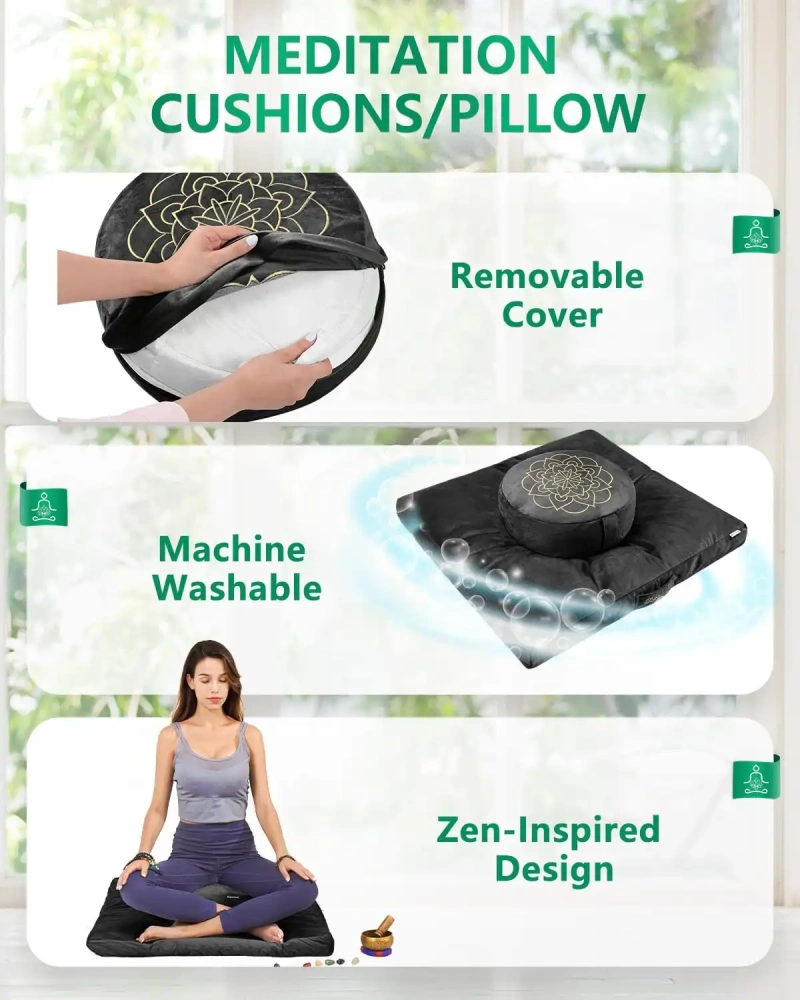 Hihealer Meditation Cushion, Traditional Tibetan Meditation Pillow Velvet Cover - Large Floor Cushion Seating for Adults - Yoga Buckwheat Bolster for Women、Moms