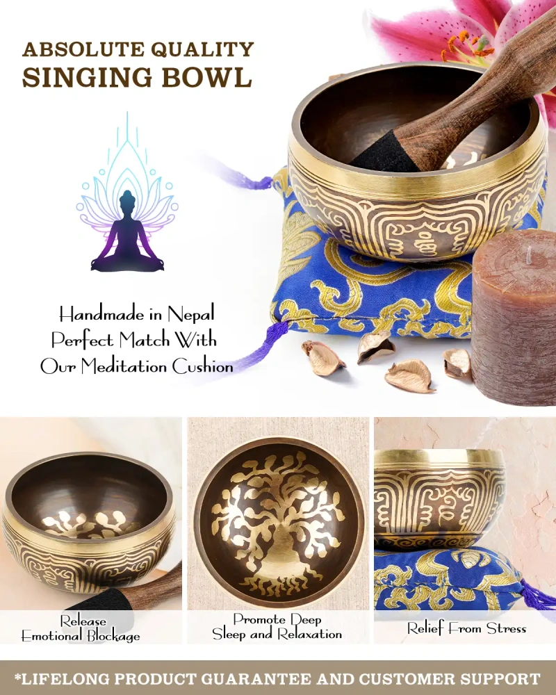 Hihealer Tibetan Singing Bowls (Tree-of-life), Meditation Sound Bowls Handcrafted in Nepal for Yoga, Chakra Healing, Mindfulness Self Care Spiritual Gifts for Women and Men