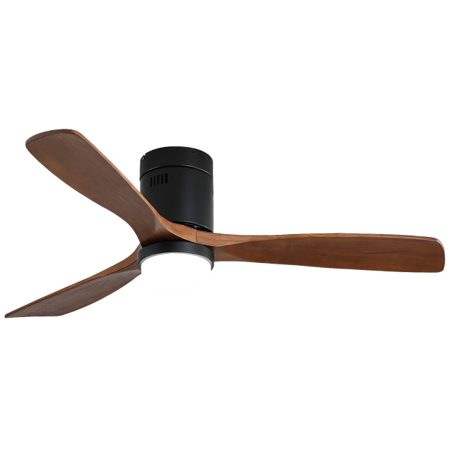 52 Inch 3 Walnut Wood Blades Flush Mount Low Profile Ceiling Fan with Light Remote Control