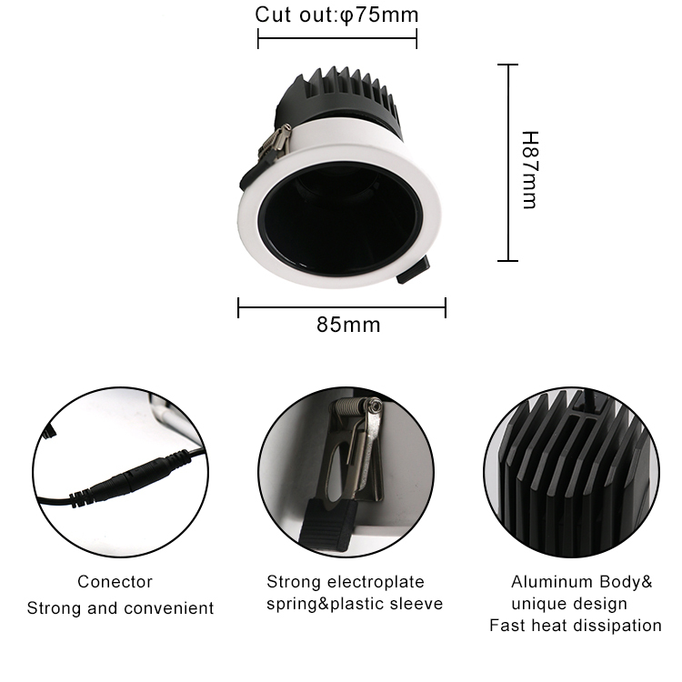 Super Market Commercial Ceiling Spotlight Aluminum Recessed Anti Glare Adjustable 12W COB LED Downlight