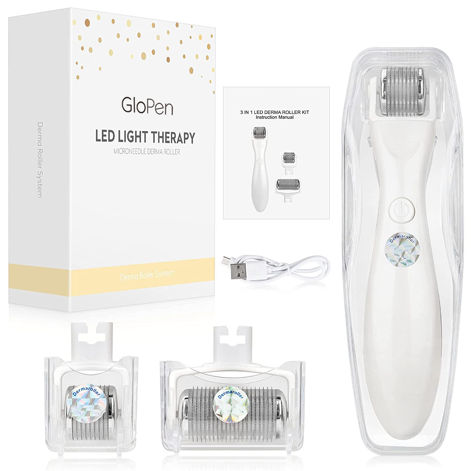 OEM 3 in 1 GloPro LED Derma Roller Microneedle Roller for Hair Growth Face Body Kit