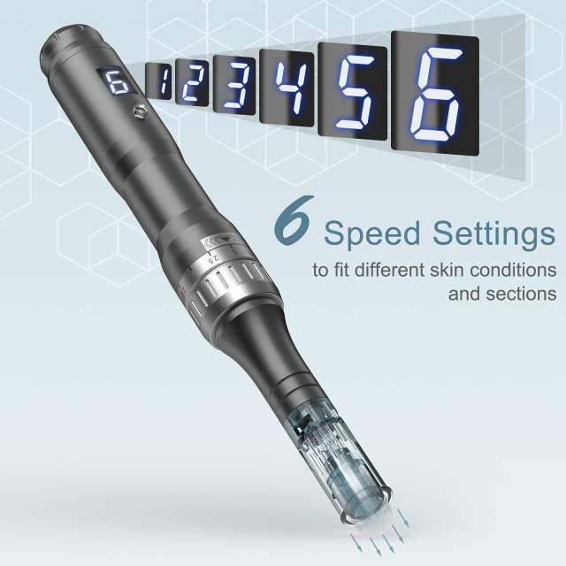 LED Display 6 Speed Levels Microneedling Dermapen with New 16pin Fine Needle 0.18mm Gauge Smaller Diameter