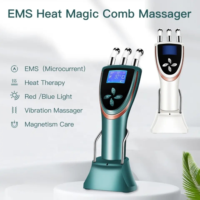 LED EMS Heating 3 Head Lymphatic Drainage Microcurrent Vibration Meridians Scrapping Guasha Magnetic Fork Therapy Cupping Beauty Massage Treatment Comb