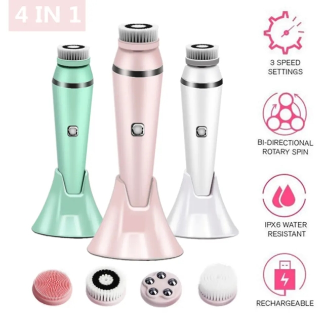 4in1 Waterproof USB Rechargeable Massage Exfoliating Pore Face SPA Cleaning Machine Sonic Beauty Electric Face Cleaning Brush