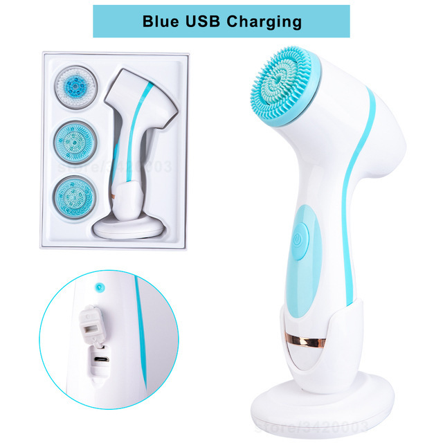 Skin Care Device Silicone Wireless Ultrasonic 3 Replaceable Head USB Battery Cleanse Pore Blackhead Facial Cleansing Brush