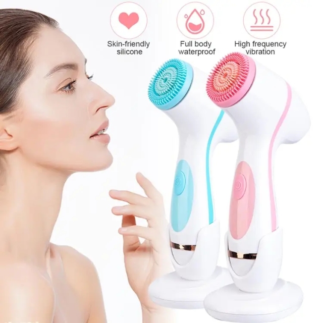 Skin Care Device Silicone Wireless Ultrasonic 3 Replaceable Head USB Battery Cleanse Pore Blackhead Facial Cleansing Brush
