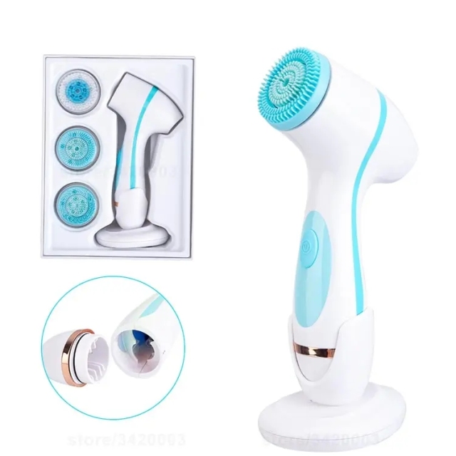 Skin Care Device Silicone Wireless Ultrasonic 3 Replaceable Head USB Battery Cleanse Pore Blackhead Facial Cleansing Brush