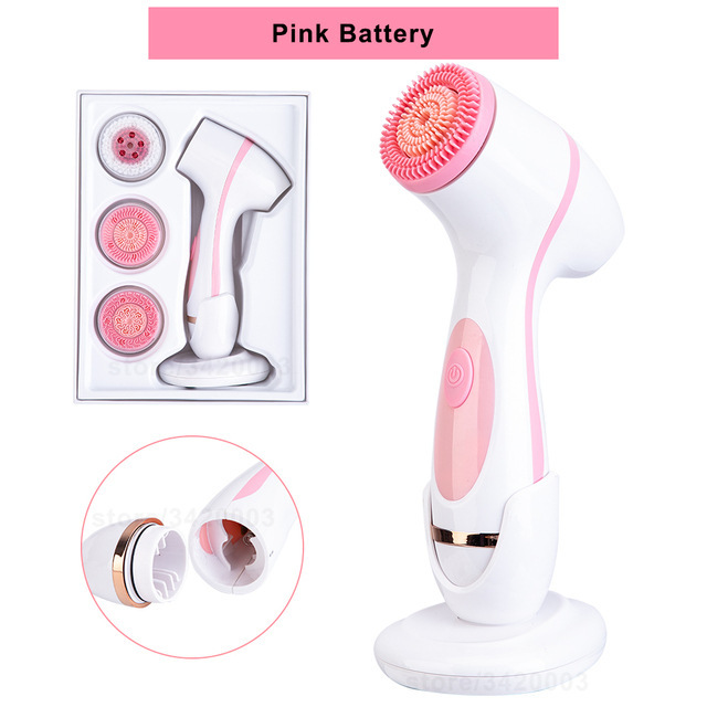 Skin Care Device Silicone Wireless Ultrasonic 3 Replaceable Head USB Battery Cleanse Pore Blackhead Facial Cleansing Brush