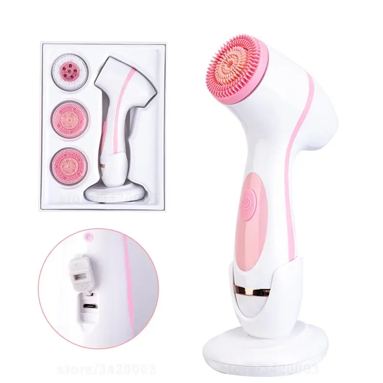 Skin Care Device Silicone Wireless Ultrasonic 3 Replaceable Head USB Battery Cleanse Pore Blackhead Facial Cleansing Brush