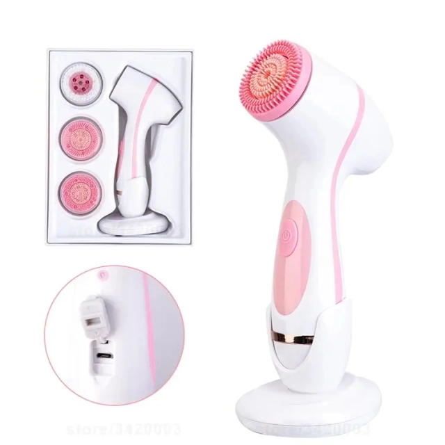 Skin Care Device Silicone Wireless Ultrasonic 3 Replaceable Head USB Battery Cleanse Pore Blackhead Facial Cleansing Brush