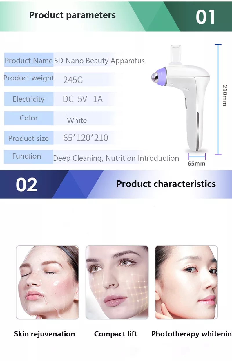 5D EMS Multifunctional Handheld Oxygen Injector Beauty Spray Device Nano Mist Sprayer Oxygen Injector for Skin Lifting Massage