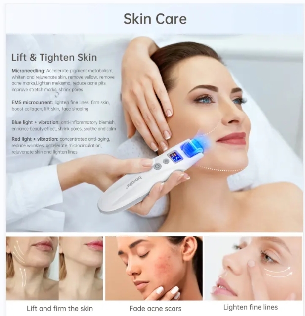 EMS Microcurrent Microneedling Replaceable Head Lifting Beauty Massage Anti Wrinkle Aging LED 540pin Derma Roller