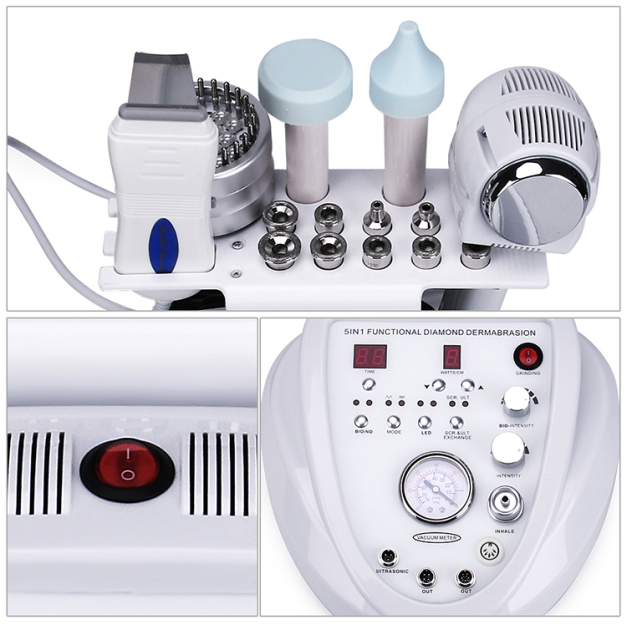 5 in 1 Ultrasonic RF LED Microcurrent Skin Scrubber Peel Skin Cleansing Carving Head Diamond Microdermabrasion Machine